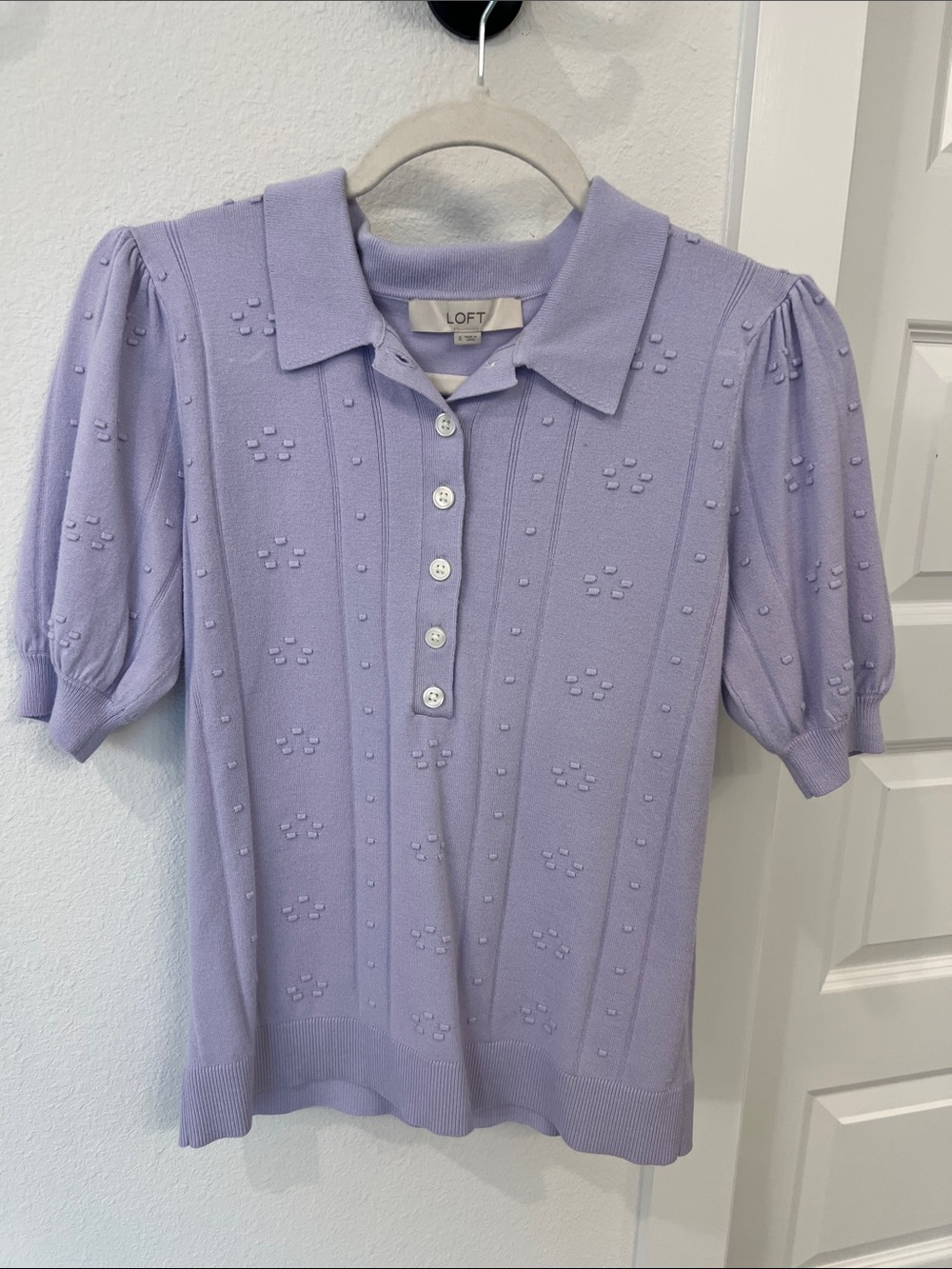 LOFT Lavender Puff Sleeve Button-Up Knit Top